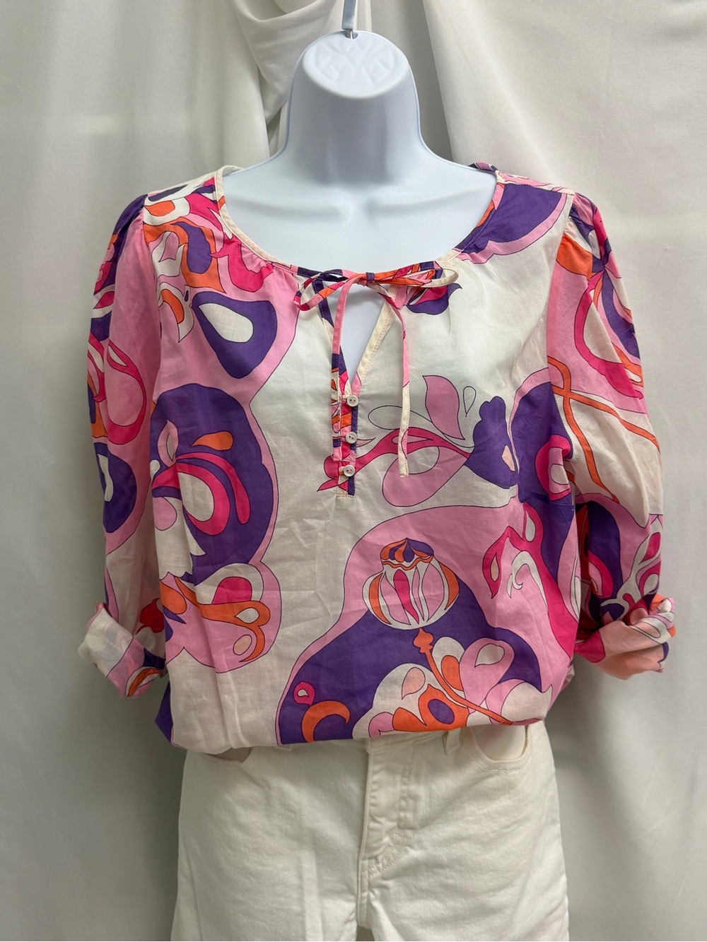 Talbots Retro Swirl Psychedelic Floral Blouse Pink Purple Orange Split Neck